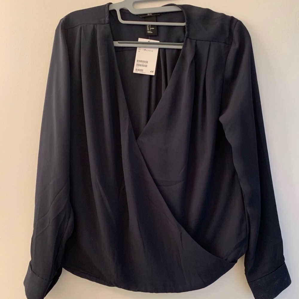 H&M FAUX WRAP TOP - NAVY